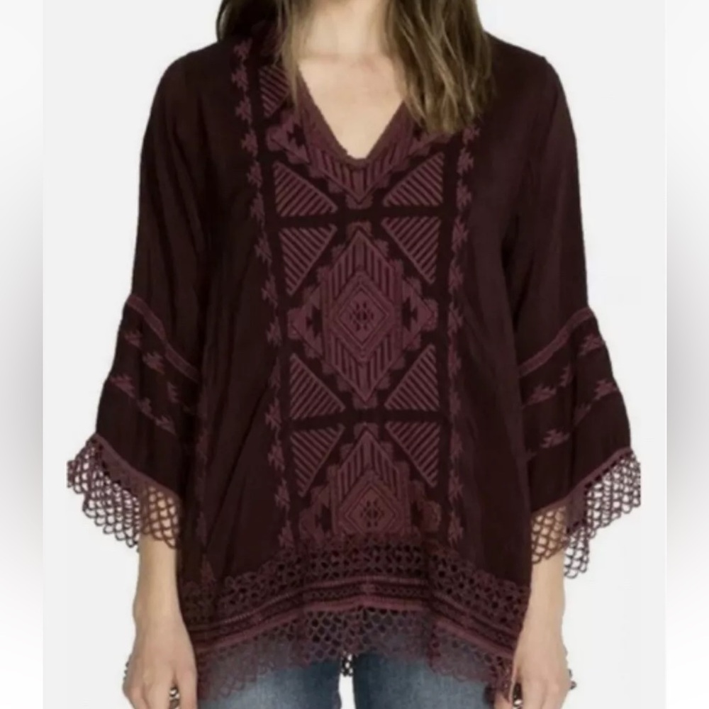 Johnny Was Renee Lace Blouse Top Small Color Black Plum V Neck Embroidered